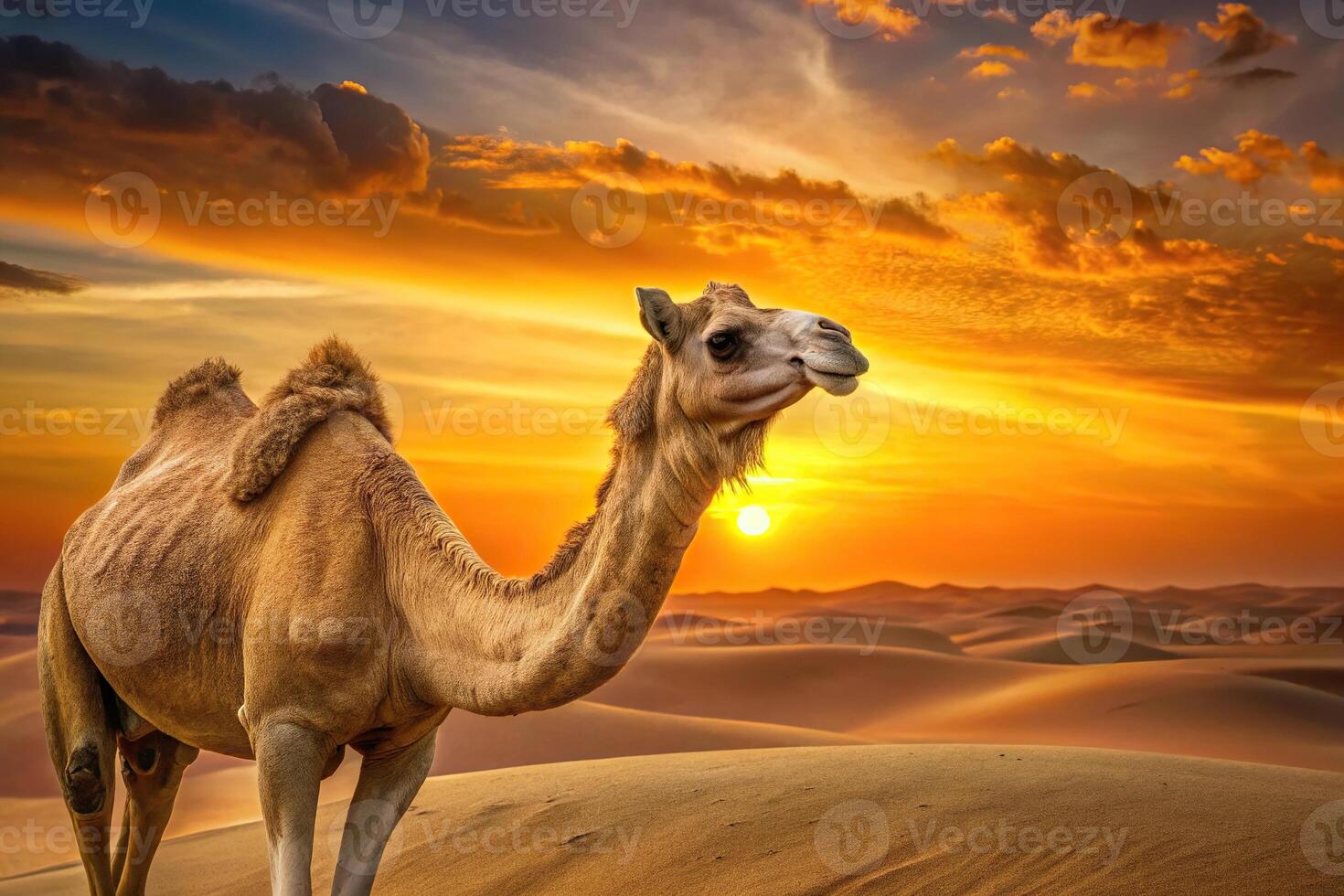 Desert camel silhouette against vibrant sunset sky photo