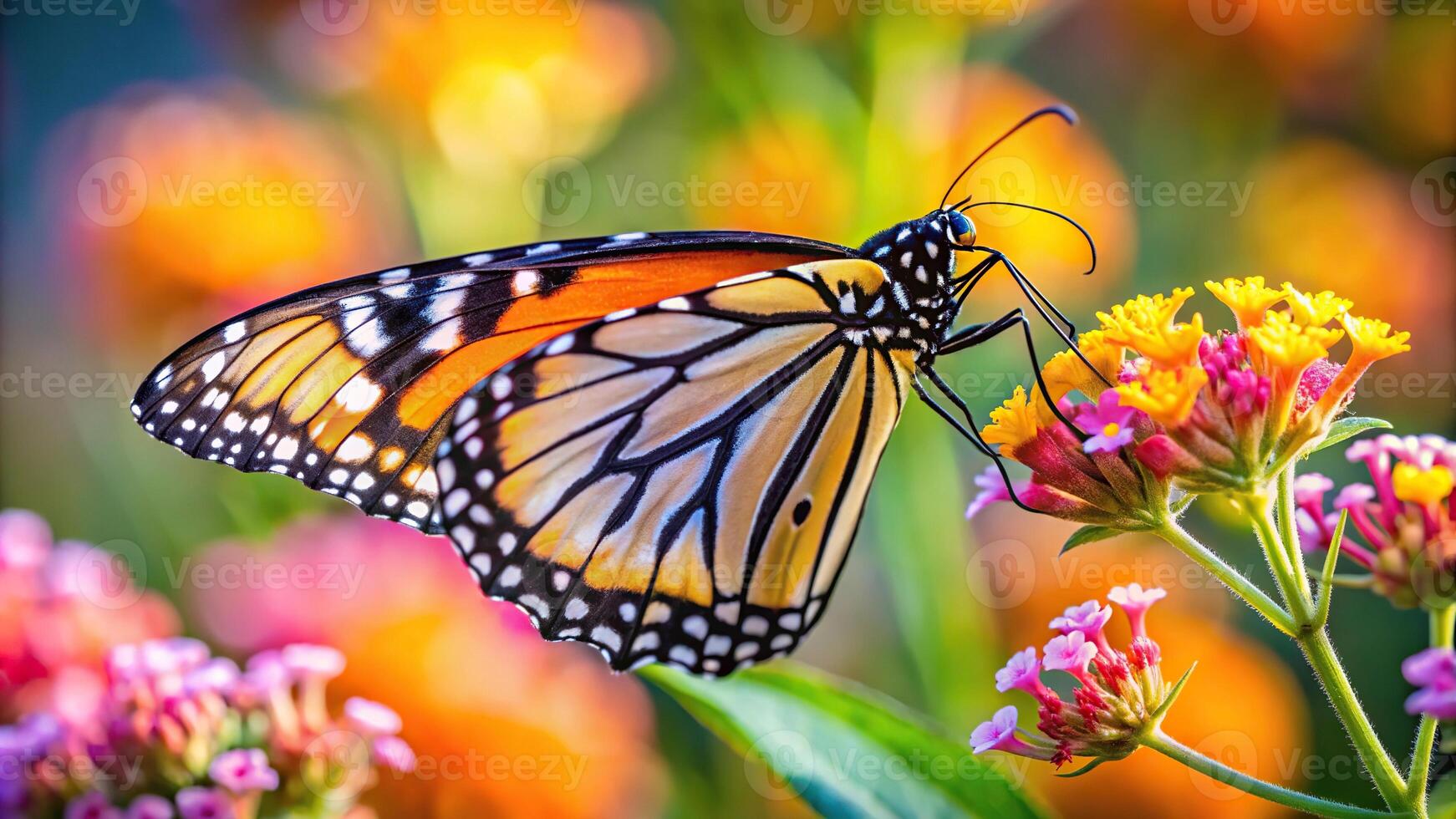 Depth of field image of a Monarch Butterfly danaus plexippus feeding on flowers photo