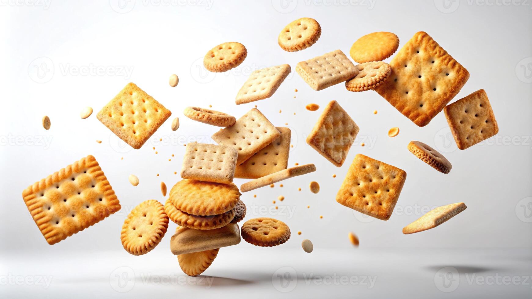 Crackers cookies with pieces flying on white background photo
