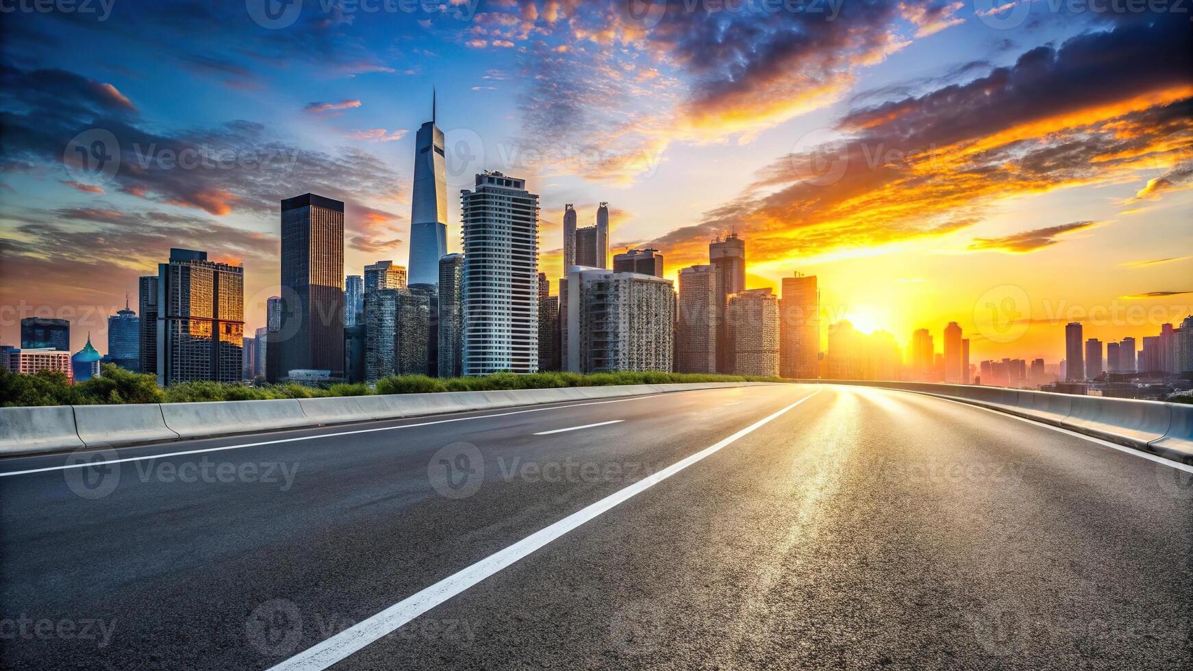 Depth of field highway and skyline with modern buildings at sunset photo