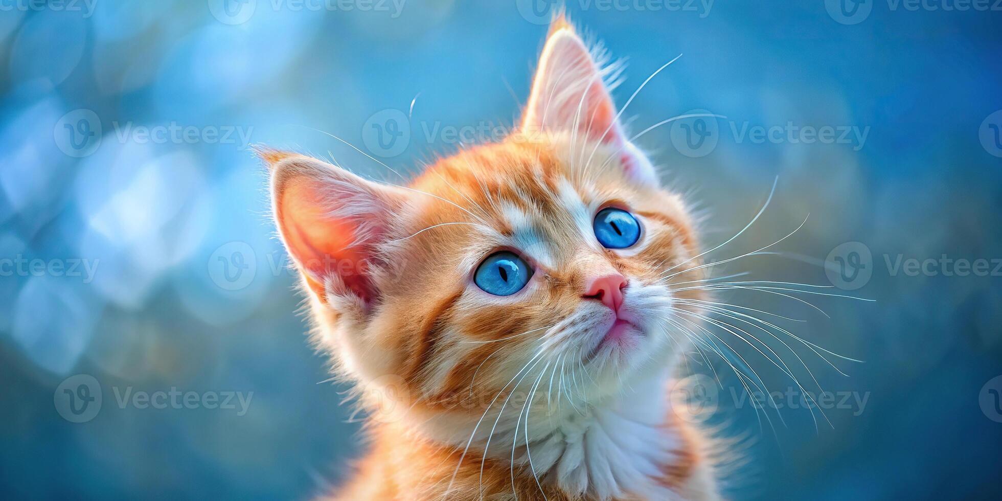 Blue eyed ginger kitten looking up at the sky with shallow depth of field photo