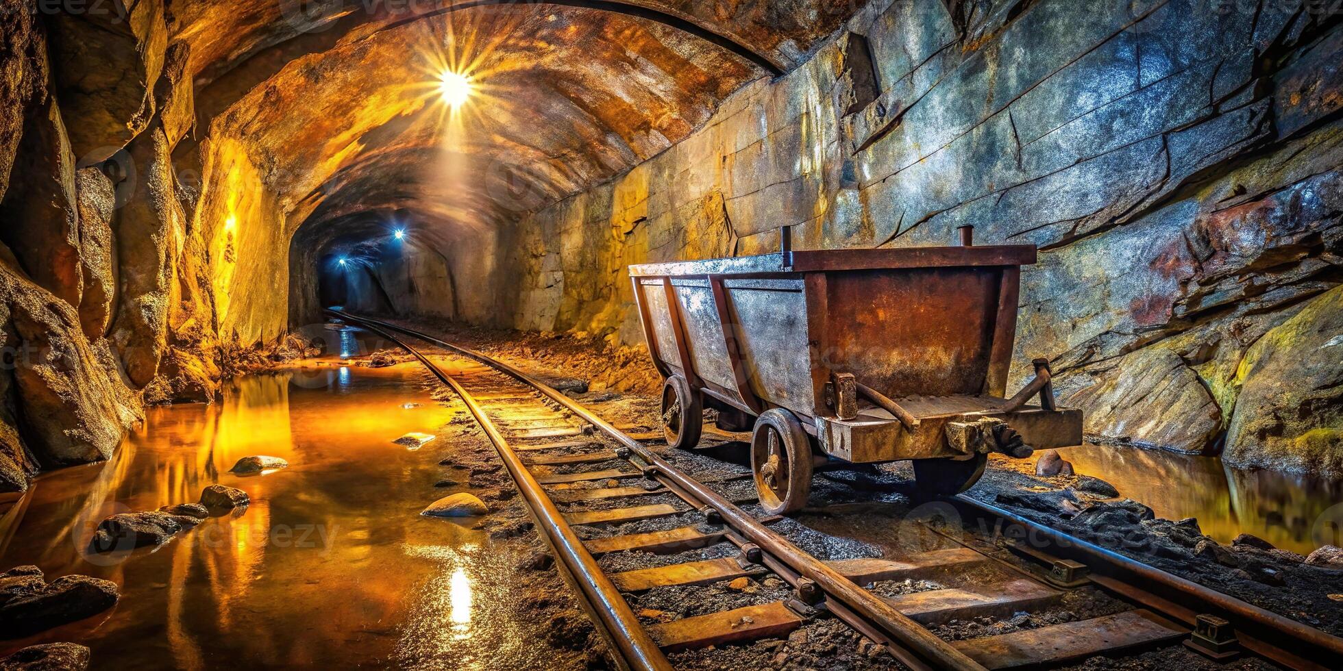 Dark and eerie abandoned mine with rusty cart on wet tracks photo