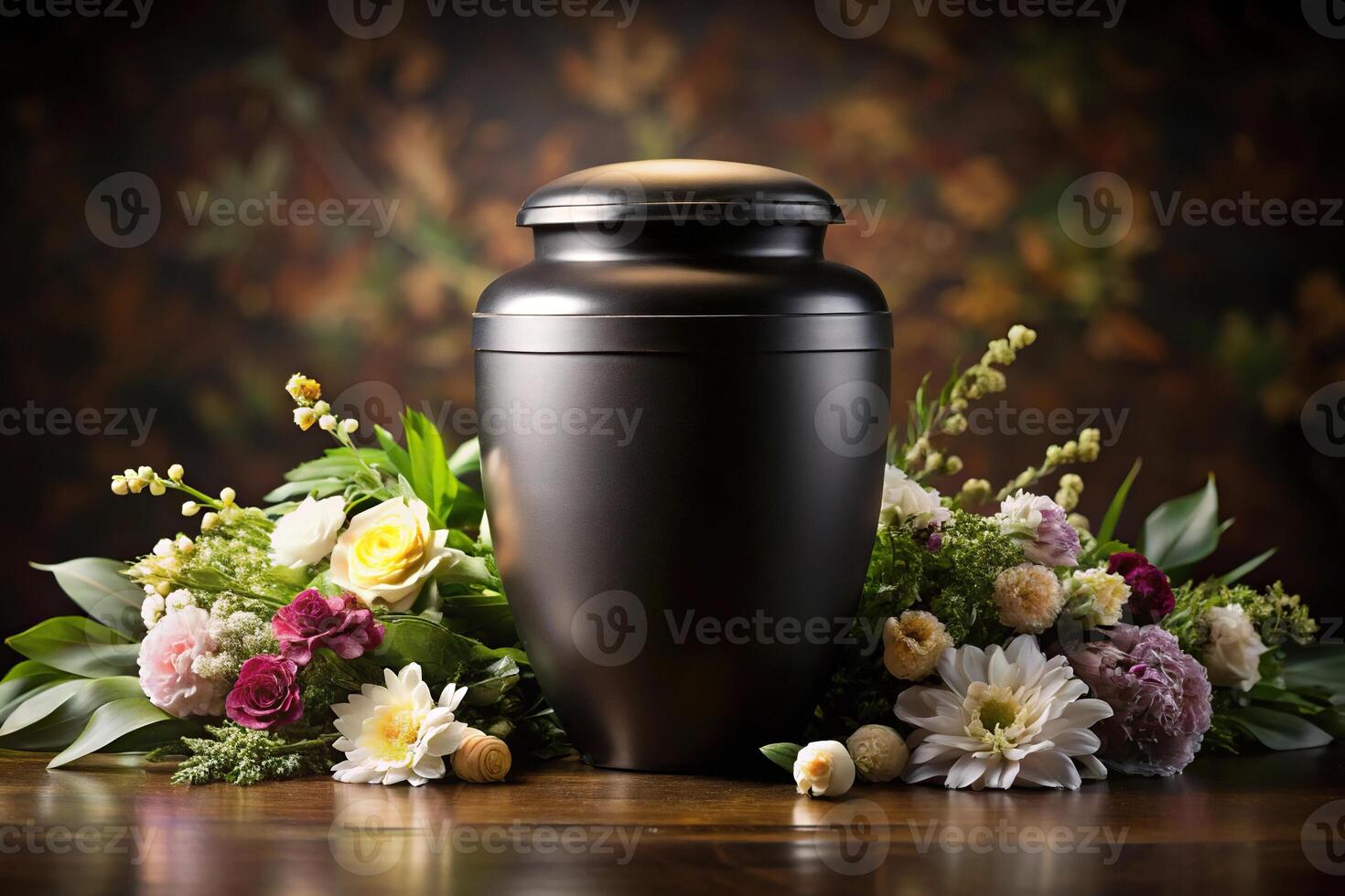 Elegant black urn with flowers photo