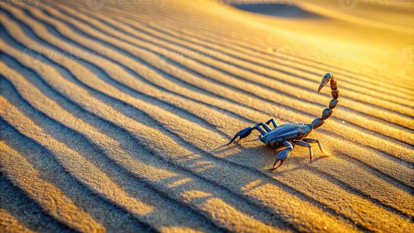 Desert landscape with a scorpion crawling, leaving a trail in the sand photo