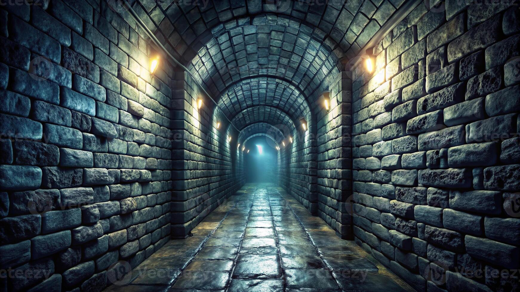 Dark, damp, cold dungeon corridor with stone walls photo