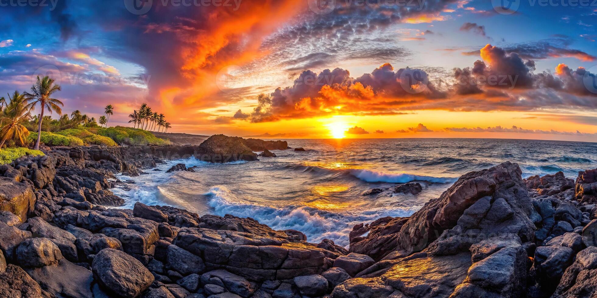 Black lava rock against sunset ocean at Hawaii Panoramic scenery photo