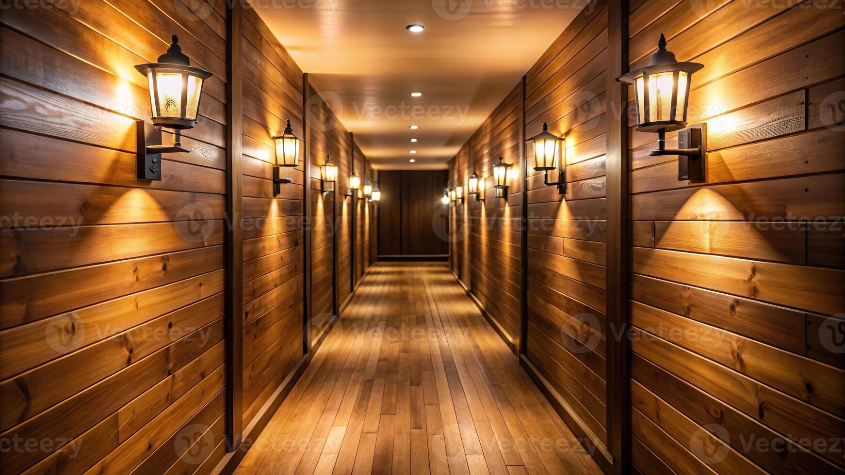 Dimly lit hallway with wooden walls and warm lamps casting a glow photo