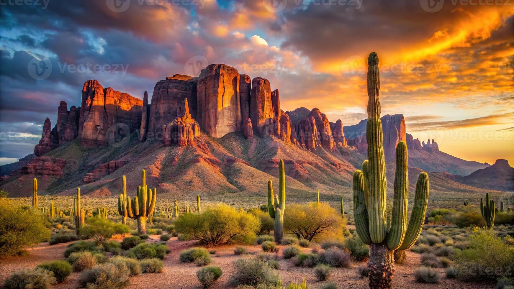 Desert landscape featuring Superstition Mountains and Saguaro Cactus at sunset photo