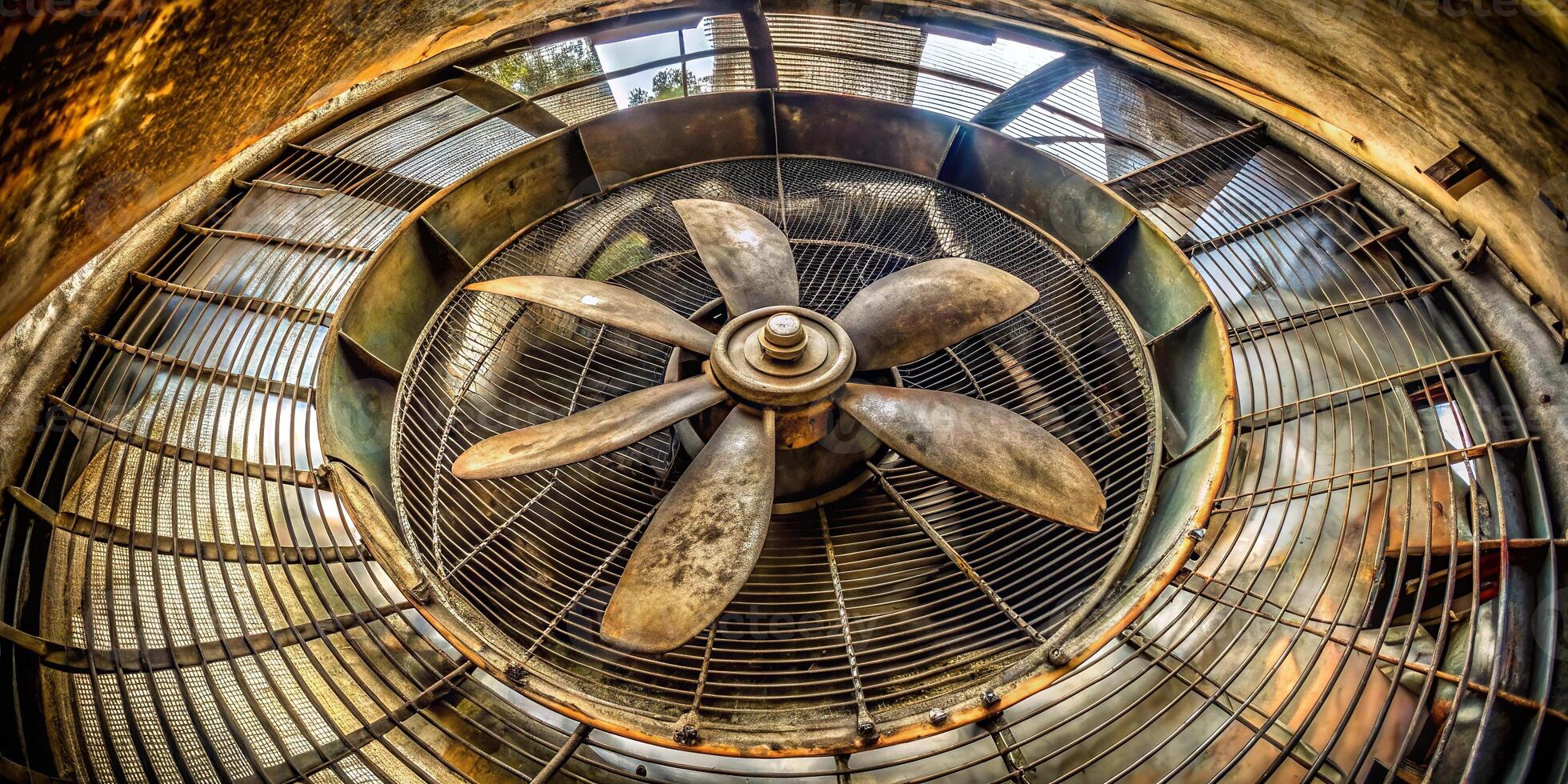 Dirty and dusty exhaust fan propeller and grill fisheye view photo