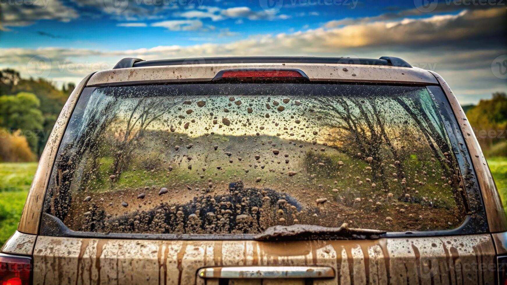 Dirty rear window of vehicle with mud silhouette photo