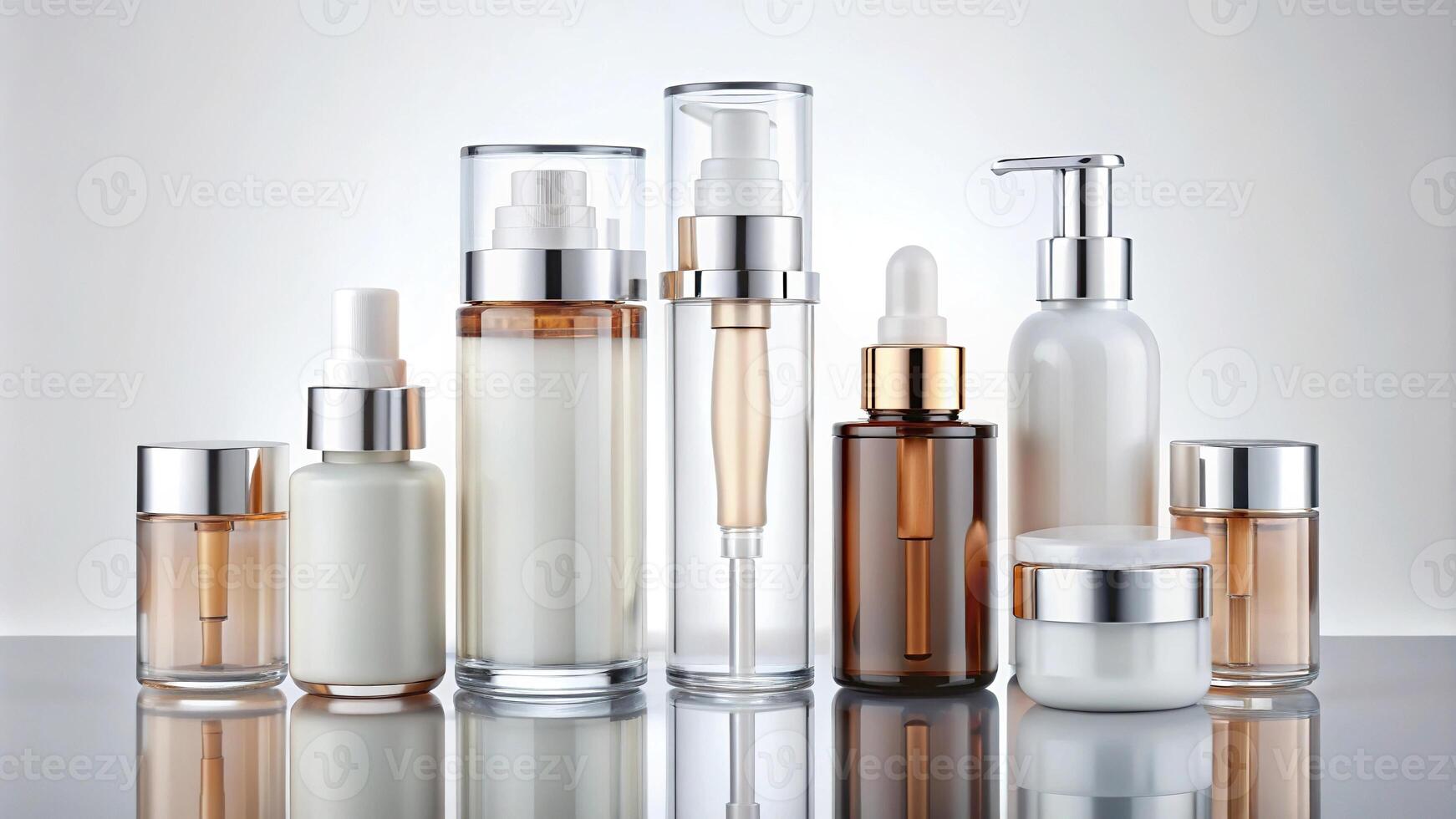 Cosmetic packaging set featuring symmetrical bottles with spray dispenser and dropper cream jar tube photo