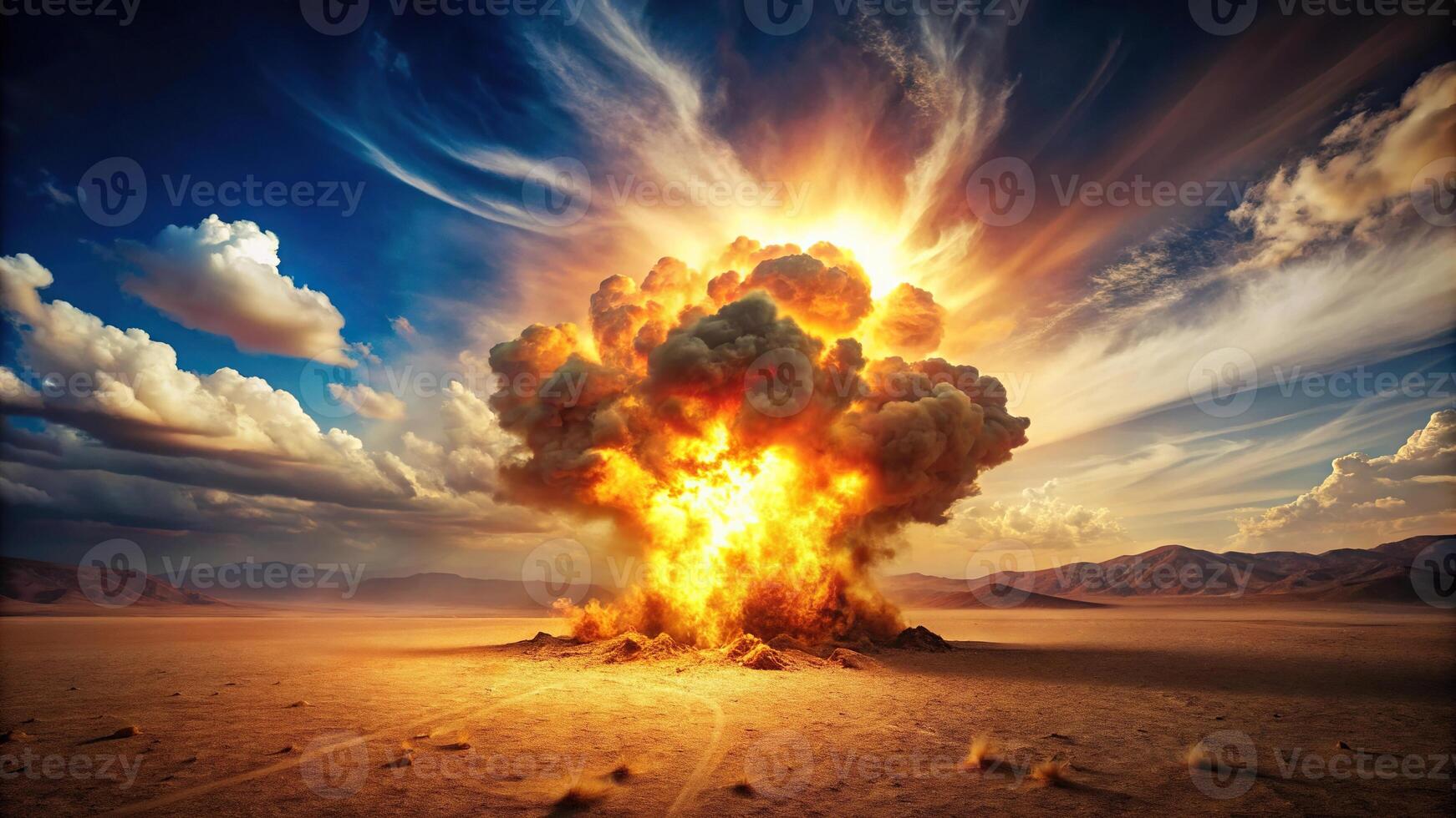 Desert landscape with fiery explosion and dust clouds photo