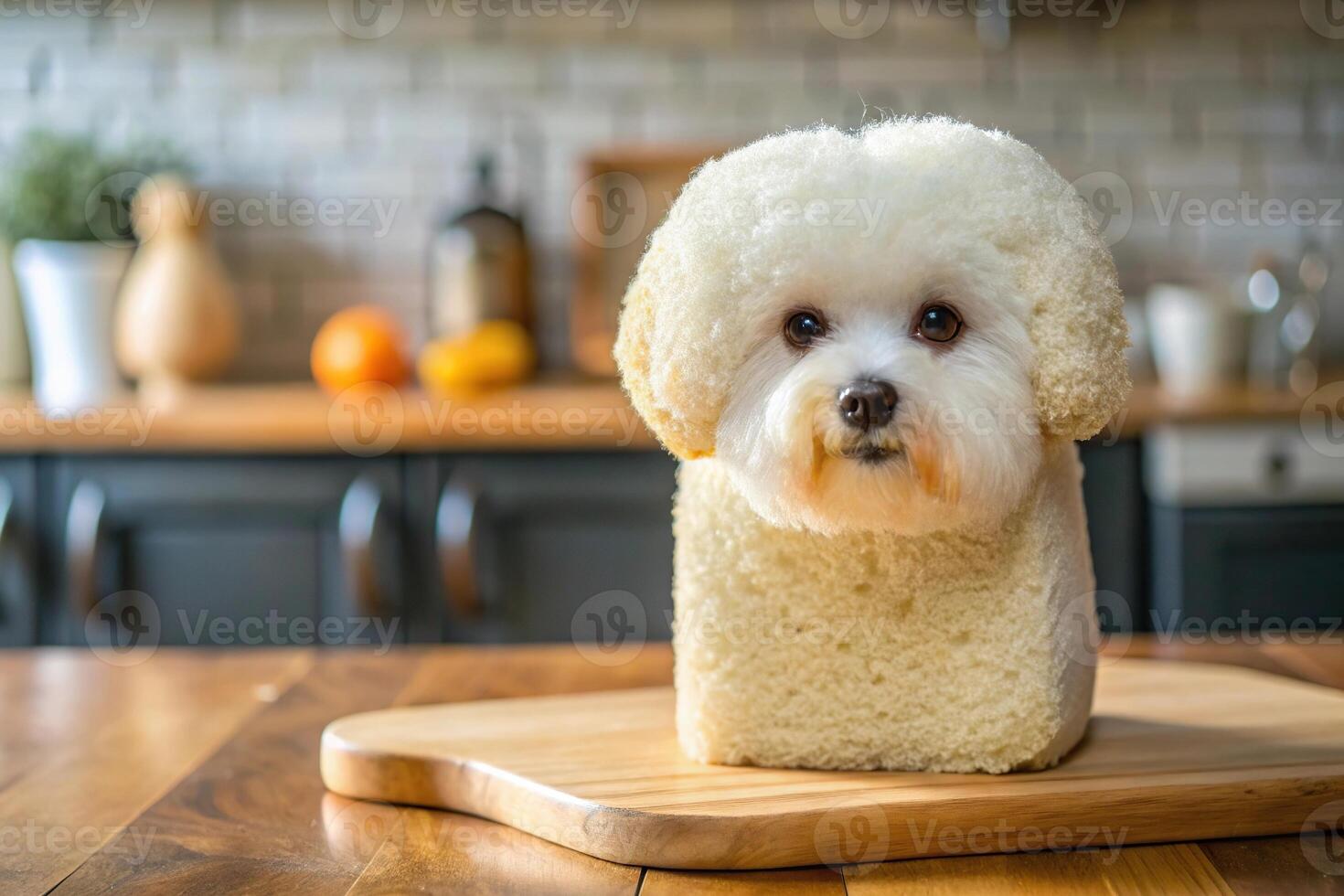 Cute Bichon Frise shaped bread on kitchen counter photo