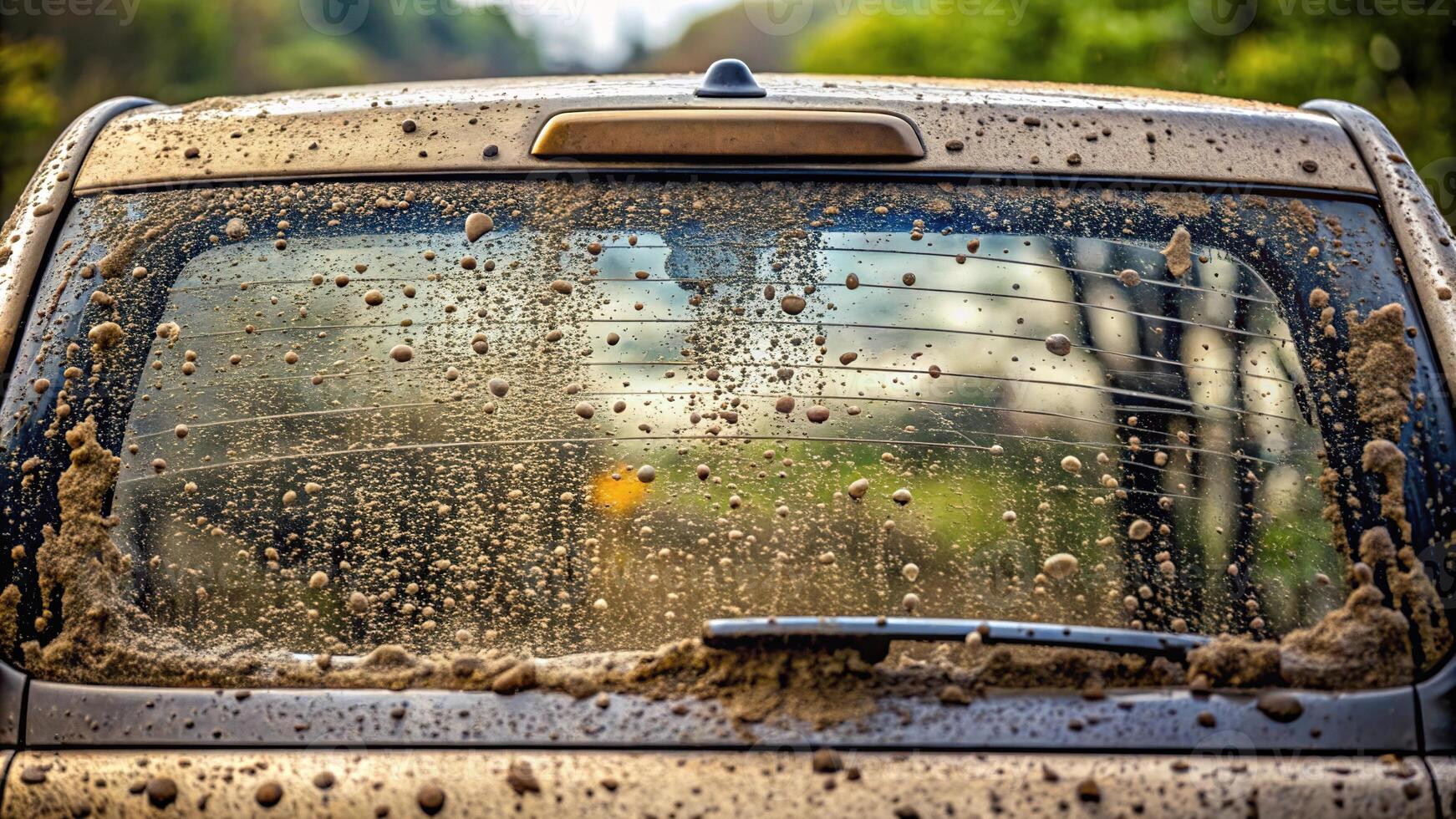 Dirty rear car window silhouette after rain with mud photo