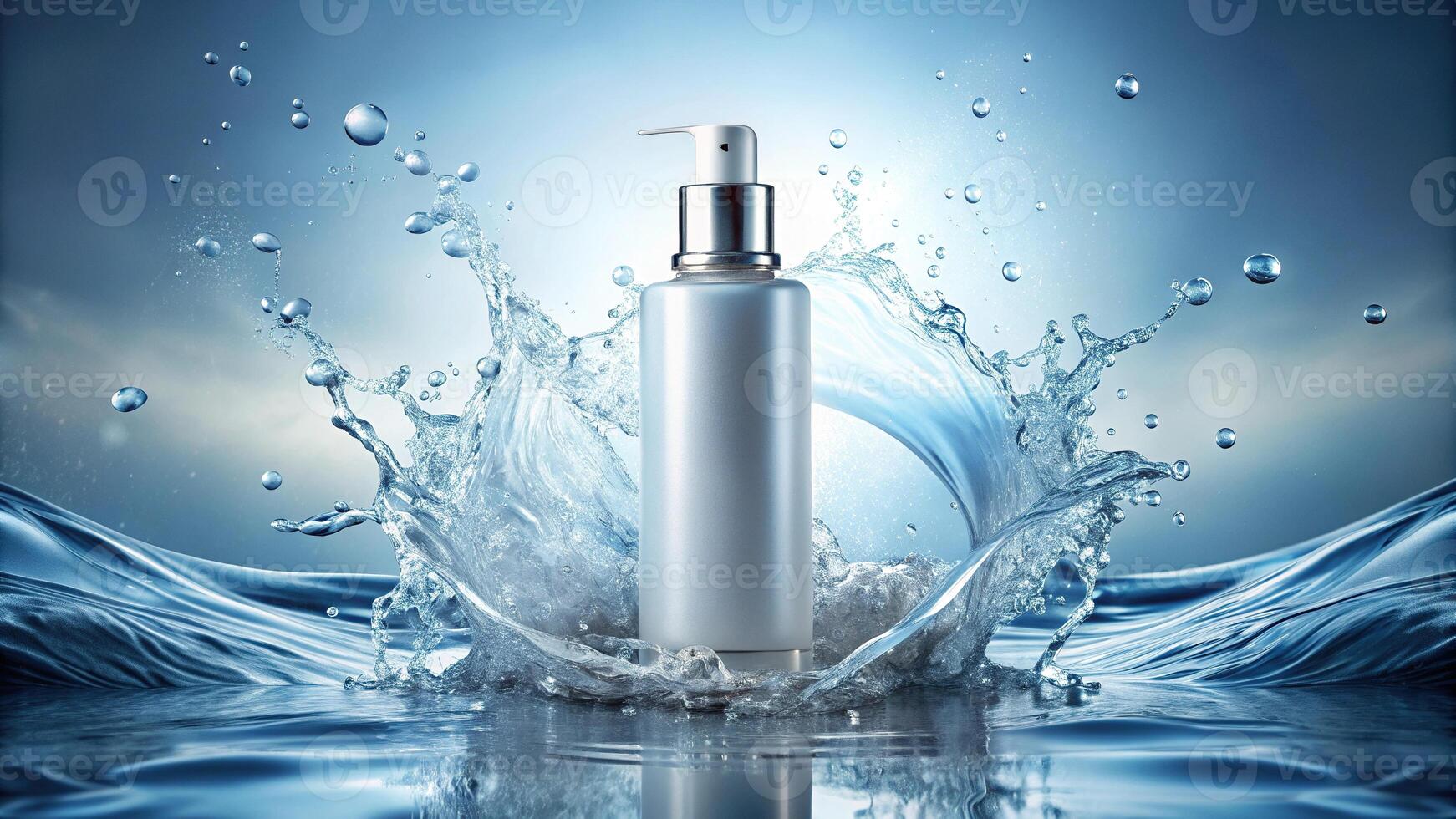 Cosmetic bottle mockup on water splash background at eye level photo