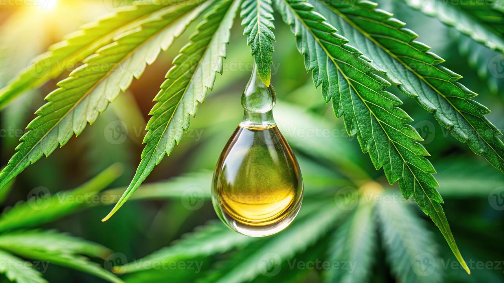 Drop of CBD oil with cannabis leaves in blurred background photo