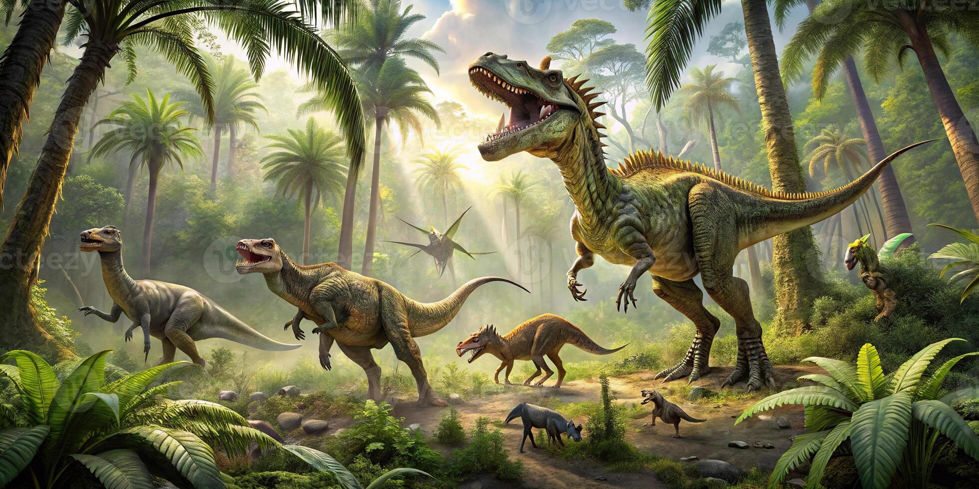 Dinosaurs in jungle forest at eye level photo
