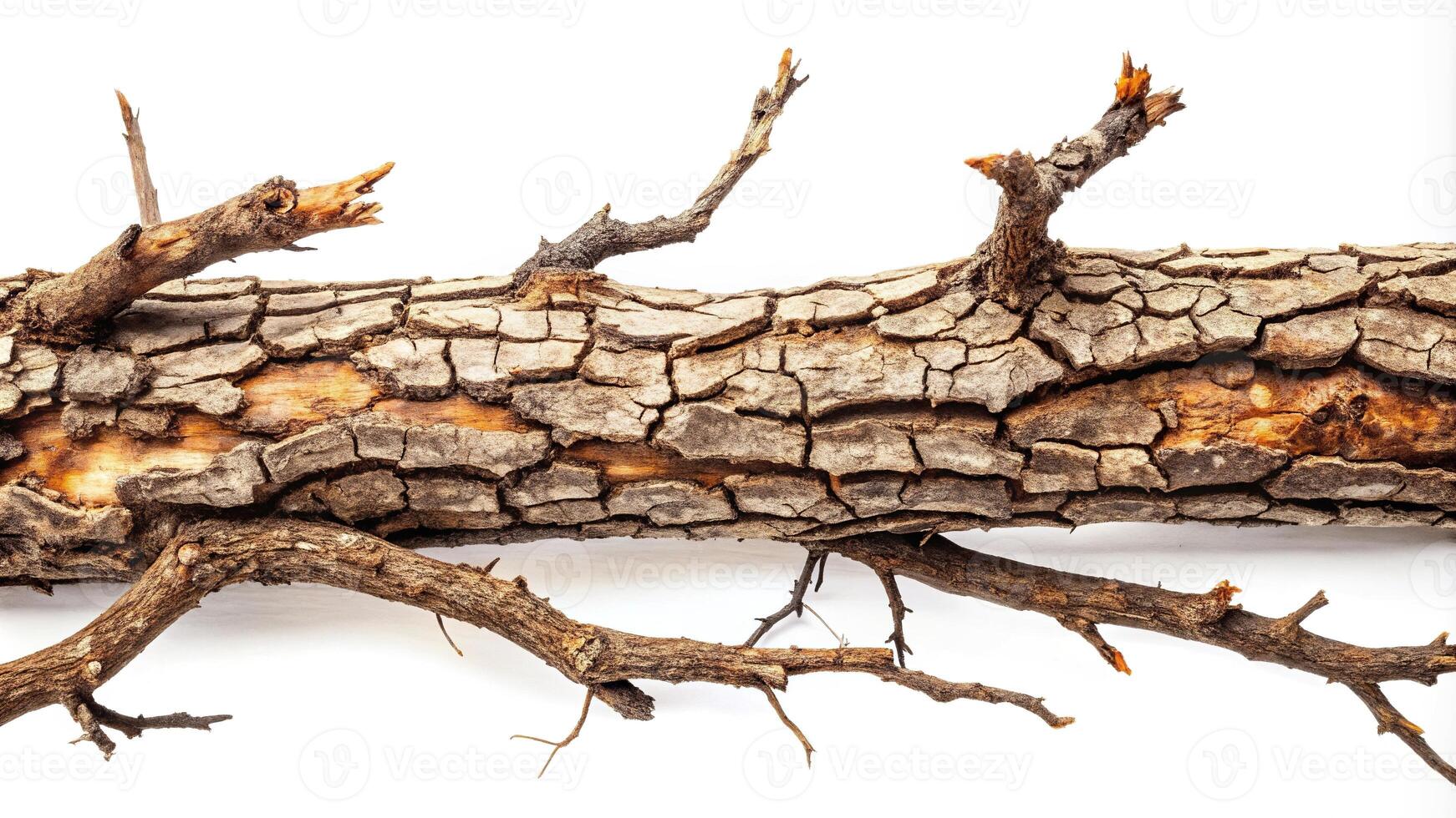 Dry branches with cracked dark bark isolated on white background photo