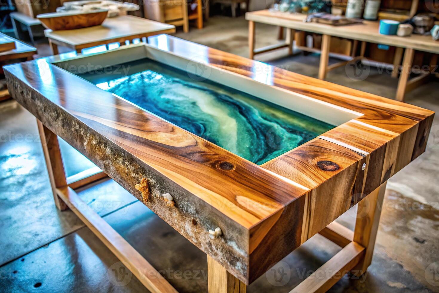 Crafting table with resin and wood epoxy poured into mold with wooden blanks Eye Level photo