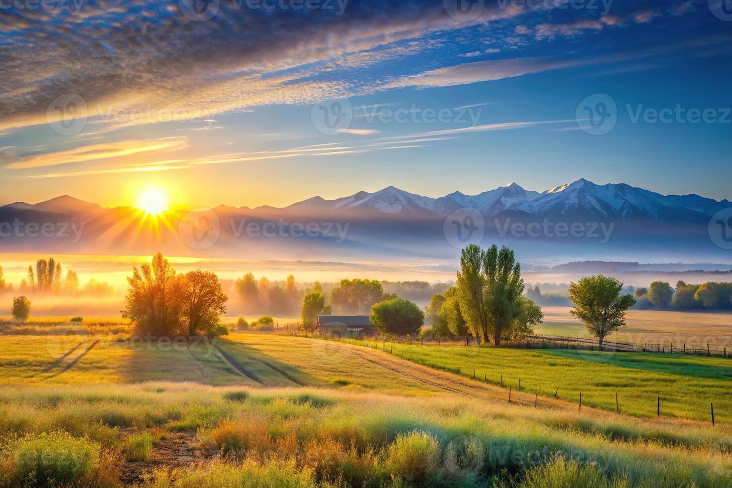 Early morning sunrise over countryside in Almaty photo