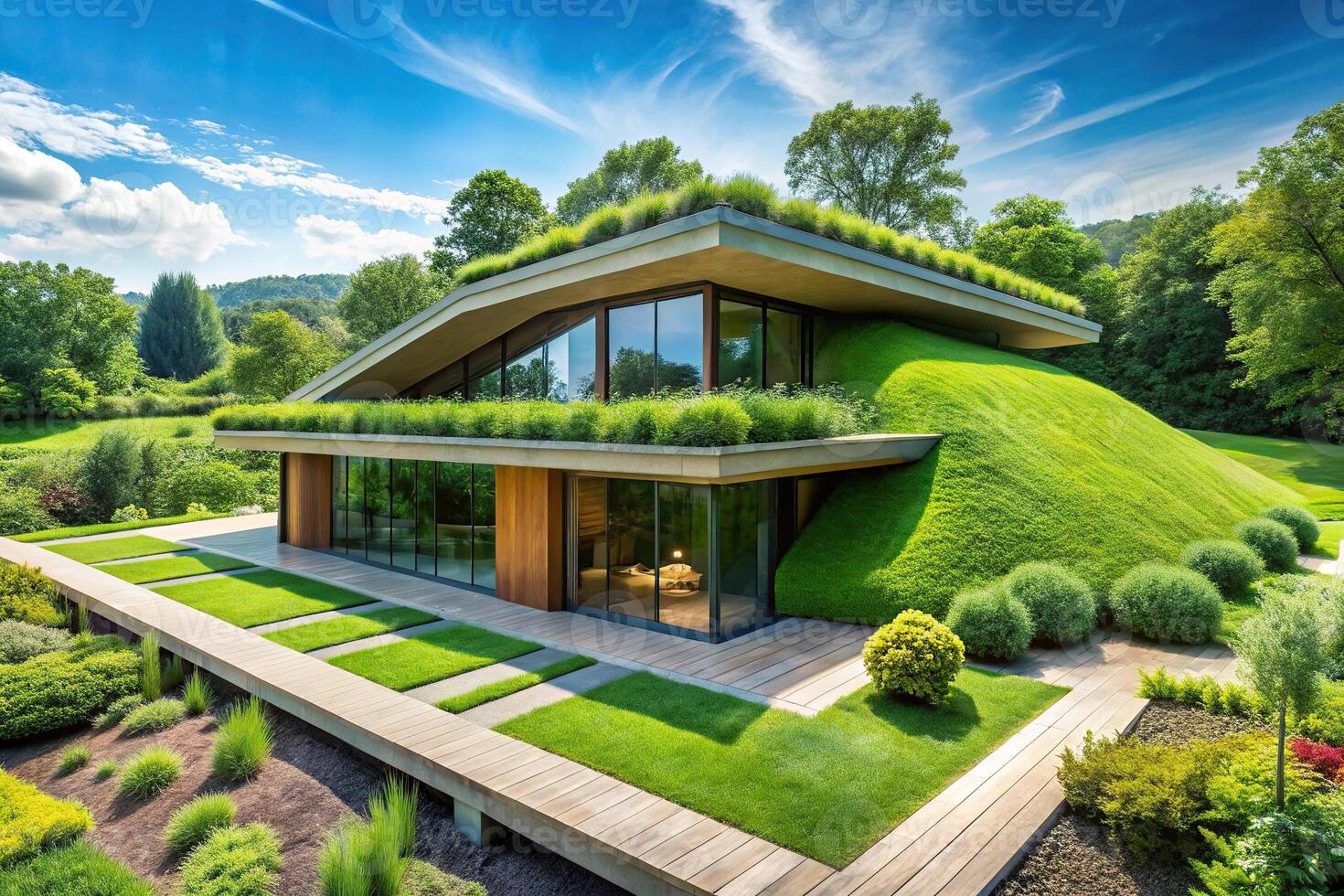 Ecofriendly futuristic house with green roof and lush garden surroundings photo