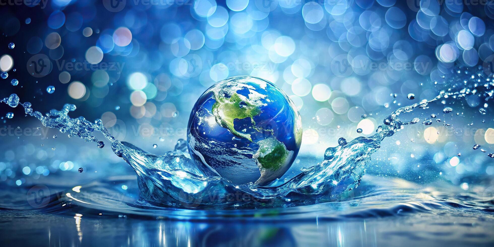 Earth splashing into water with blue bokeh background, high angle view photo