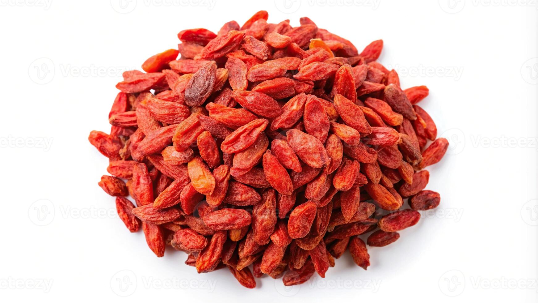 Delicious dried goji berries floating in the air isolated on white background photo