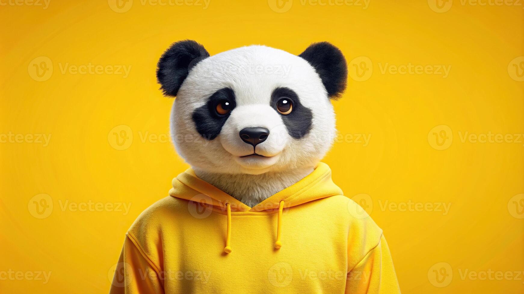 cute panda bear in yellow sweatshirt with blurred background photo