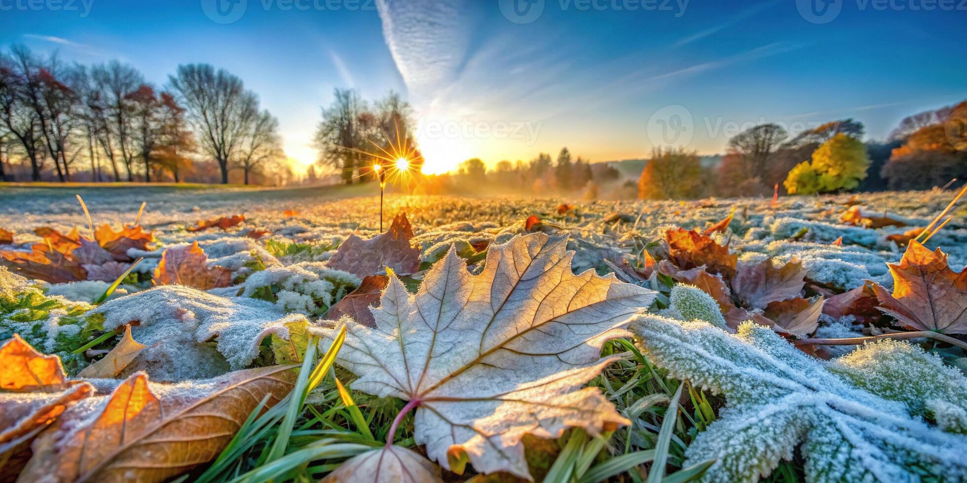 Early morning frost on autumn leaves photo