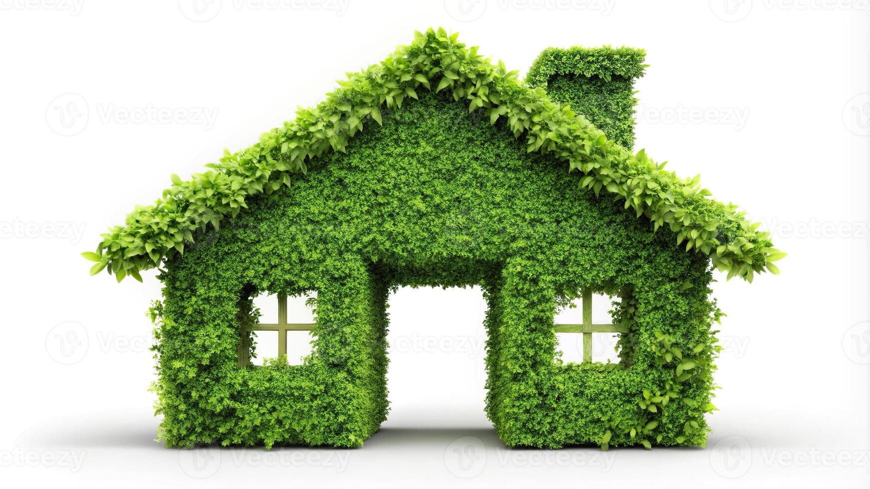 Eco-friendly house with green leaves isolated on white background photo
