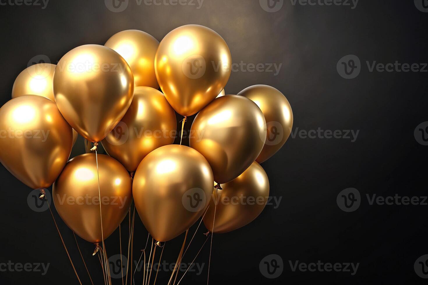 elegant gold balloons reflected on black background photo