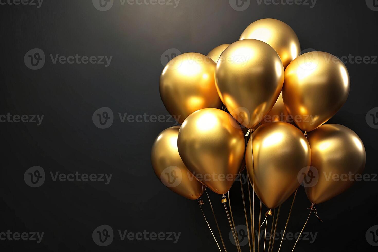 Elegant gold balloons on black background reflected photo