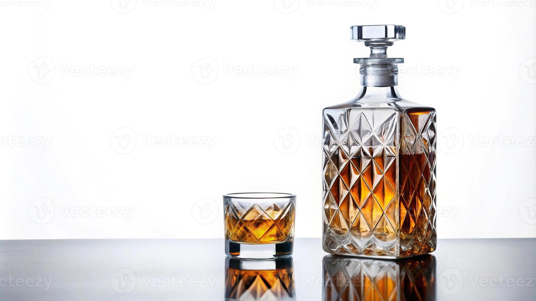 Crystal whisky decanter shot from below on white background with reflection photo