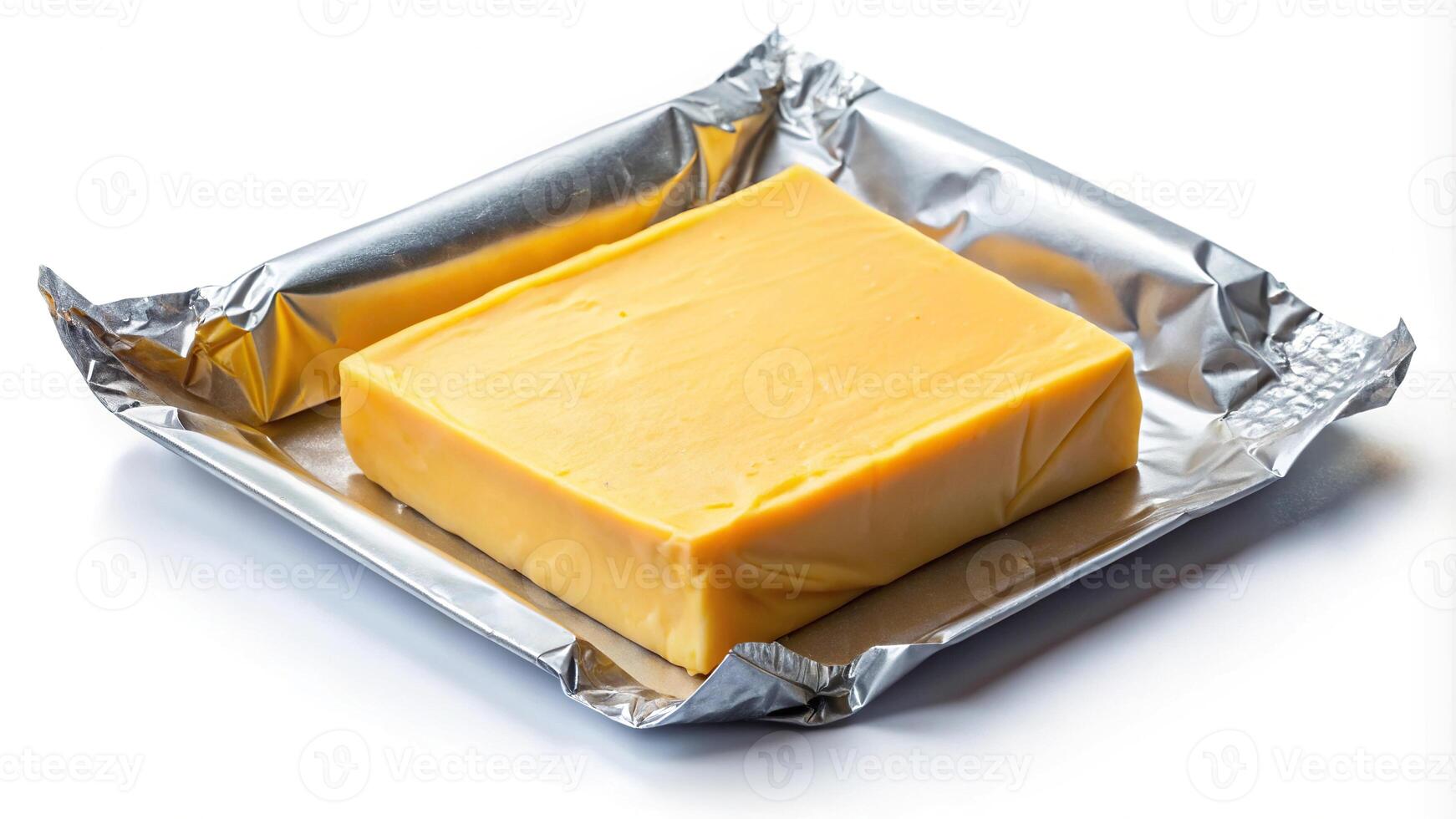 Depth of Field processed cheese in foil packaging isolated on white background photo