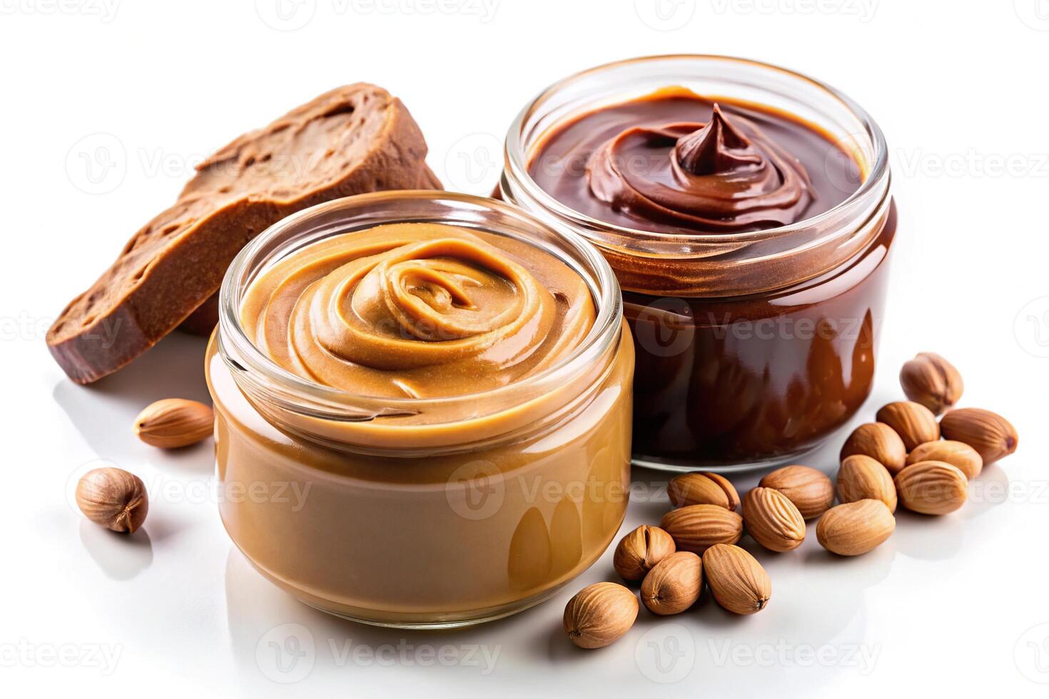 Creamy peanut butter and rich chocolate spread on a clean white background photo