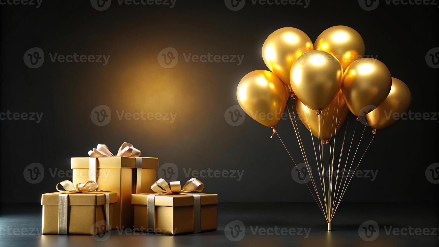 Elegant golden gift boxes with colorful balloons on dark background for celebration theme copy space eye level photo