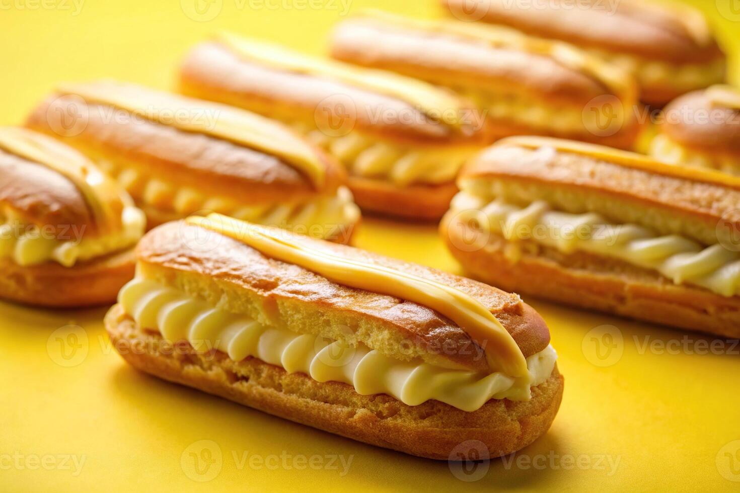 Delicious eclairs with custard on yellow background at eye level photo