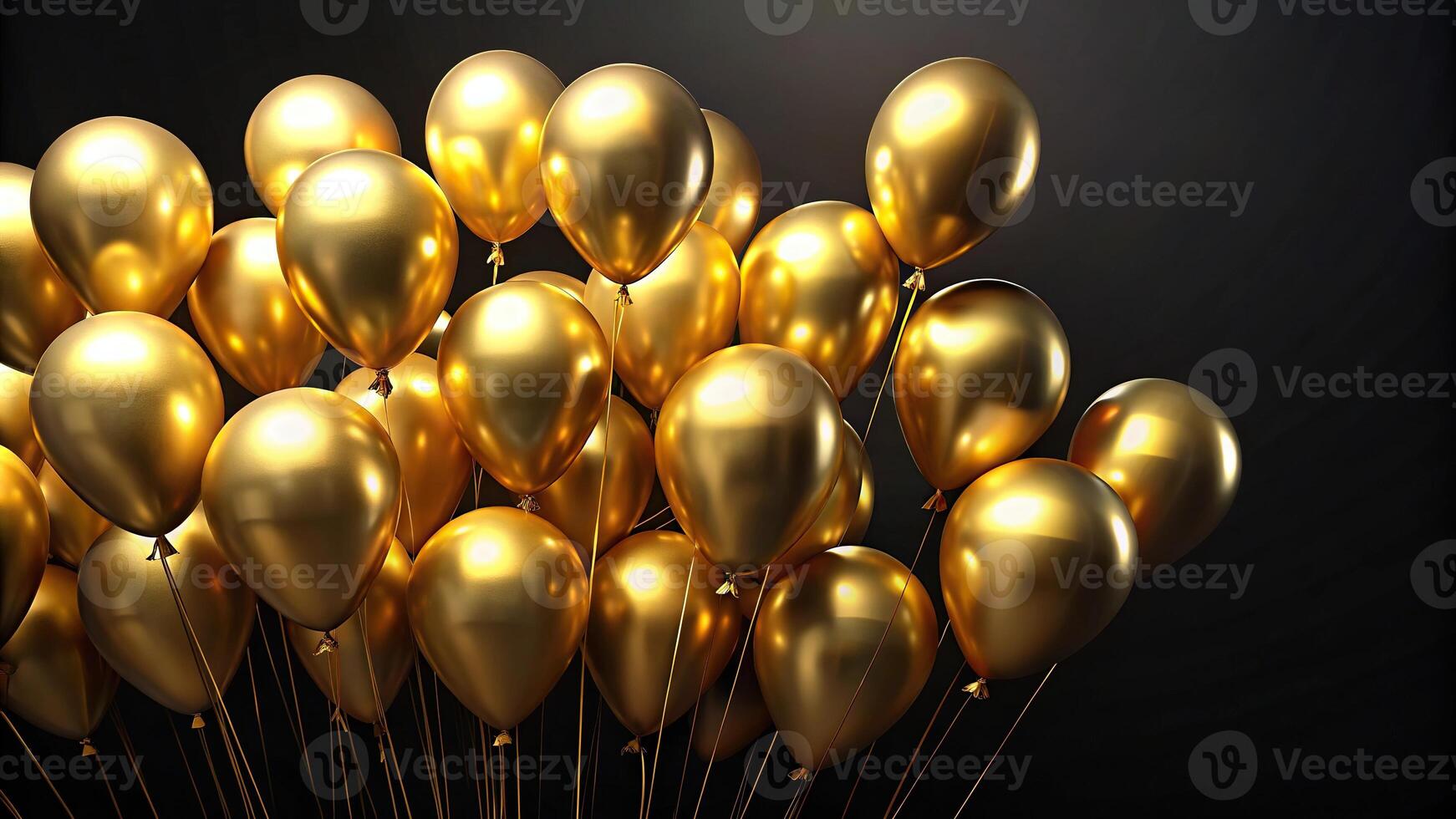 Elegant gold balloons on black background from a low angle perspective photo