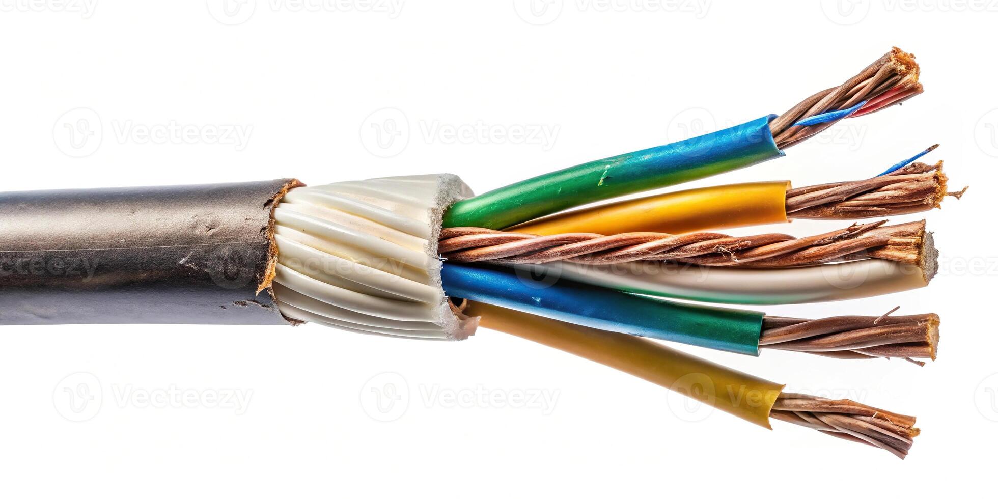 Electric cable repair concept with broken or damaged wires, isolated on white background. photo