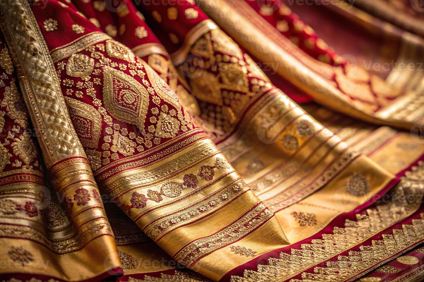 Cotton saree in gold, maroon, red, and cream colors on eye level angle photo