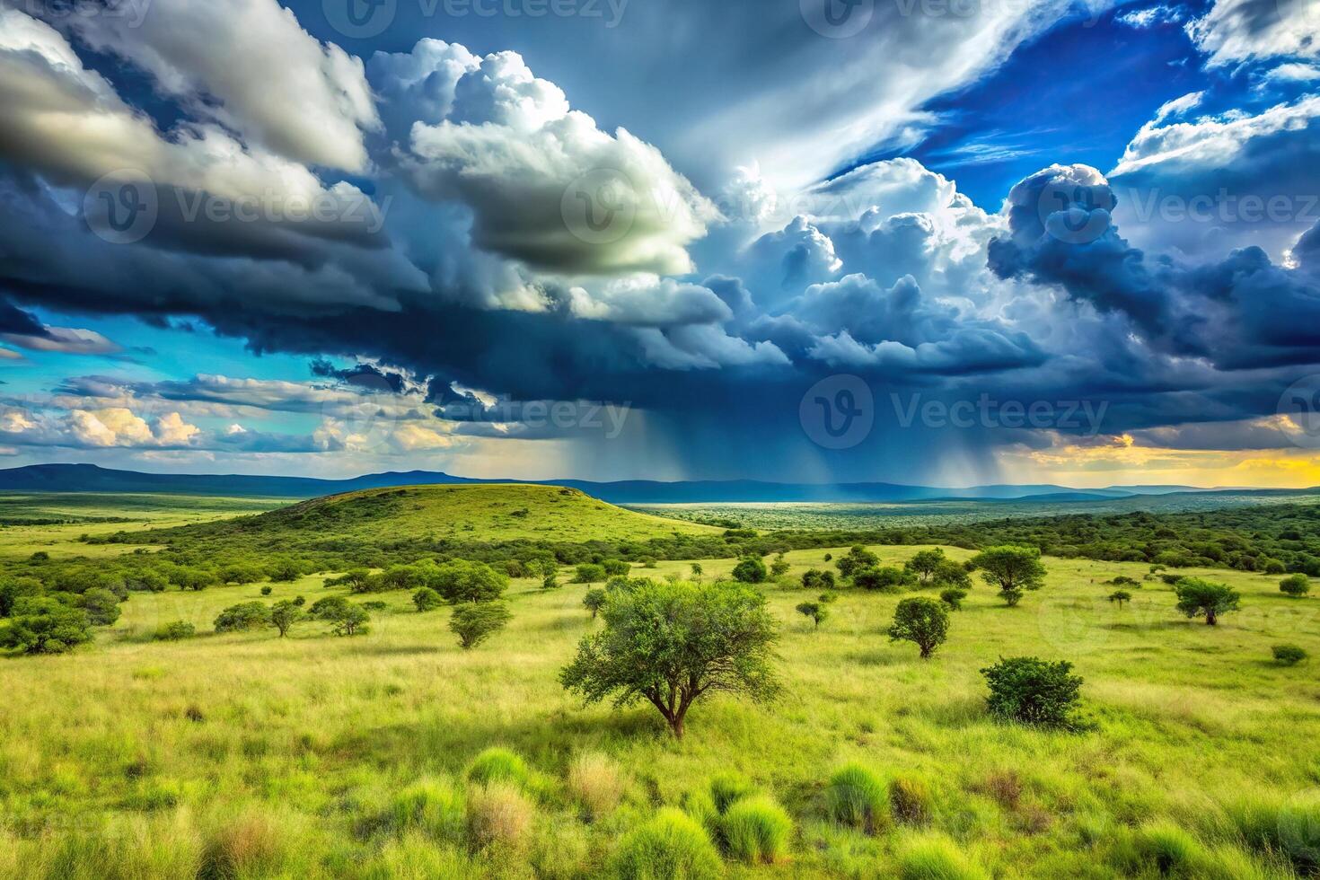 Green South African landscape with blue rain clouds over the Eastern Cape bushveld grass veld photo
