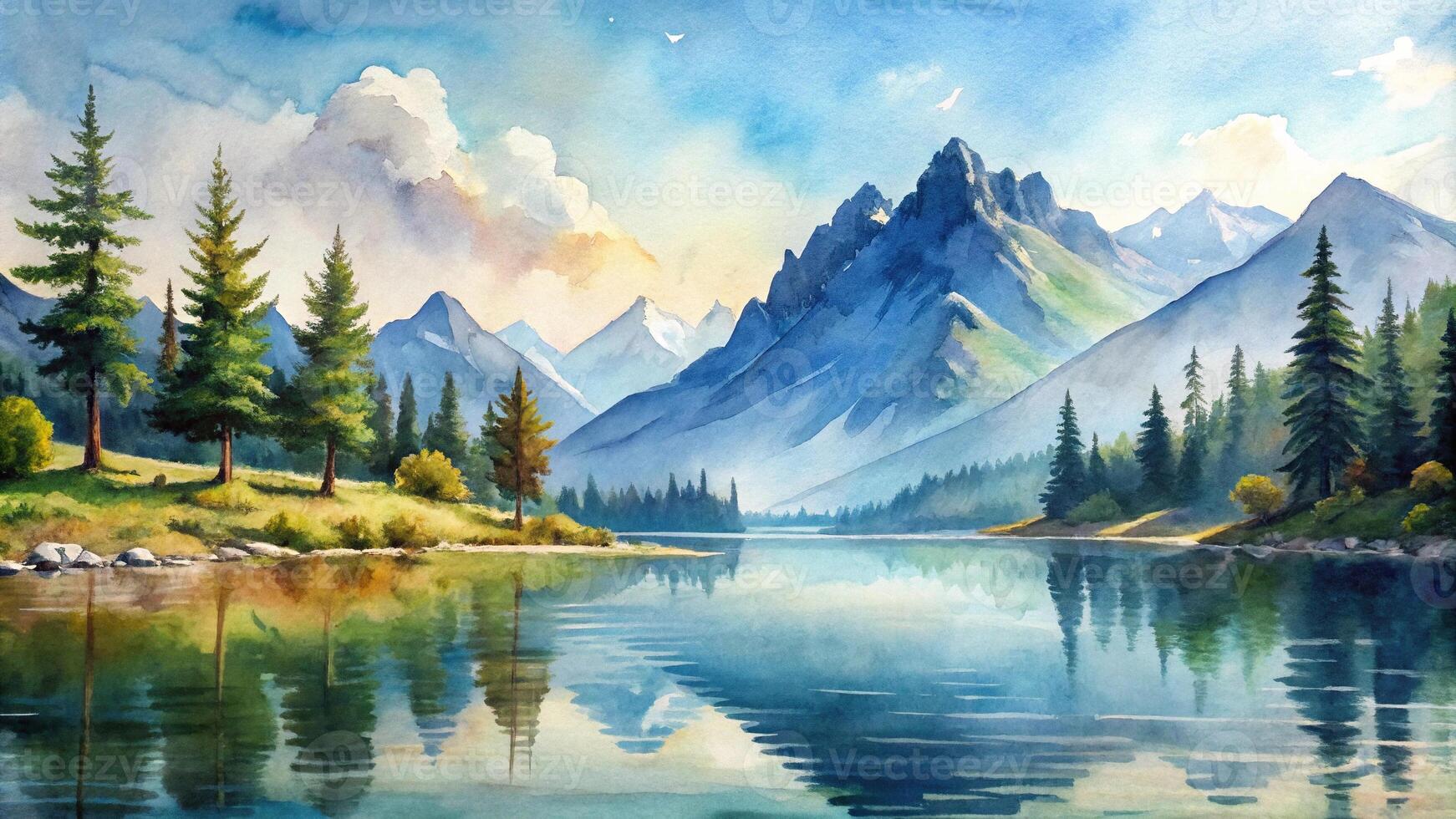 Layers of distant mountains and lakes reflecting natural landscape in watercolor painting style from a low angle view photo