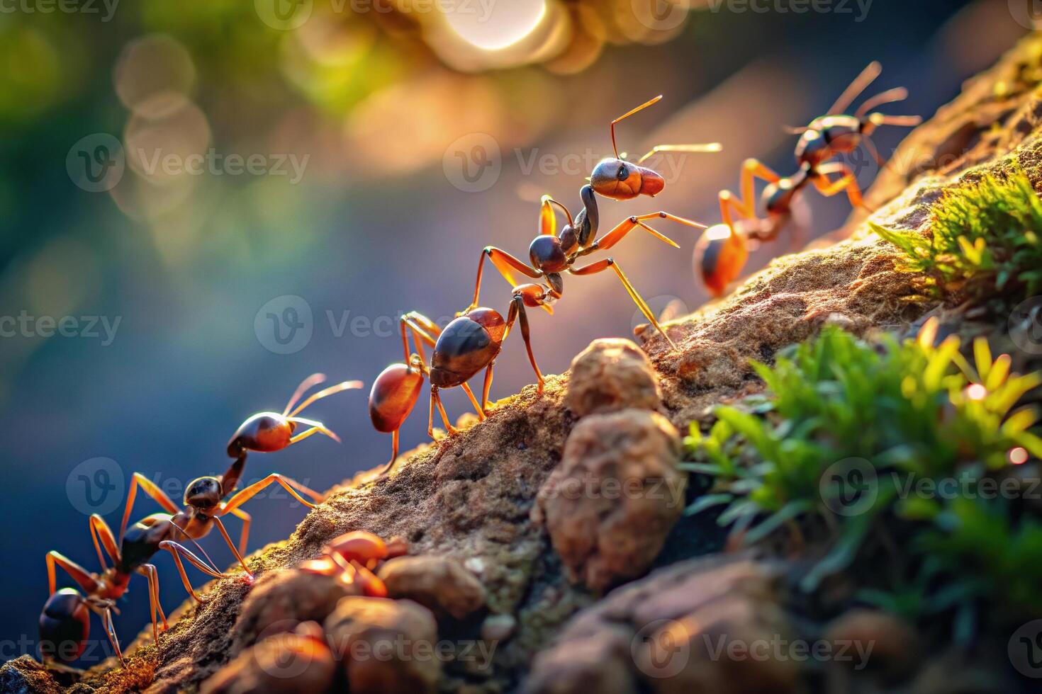 Detailed and realistic macro ants climbing on mountain photo