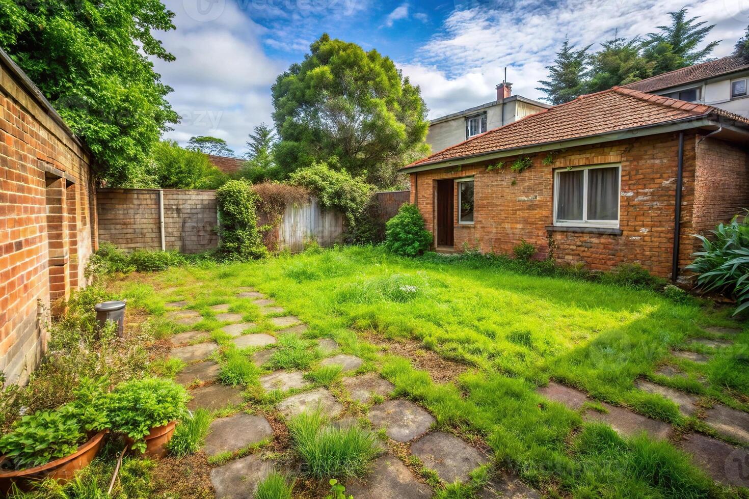 Medium shot of neglected backyard garden with overgrown grass lawn in residential suburban brick house photo