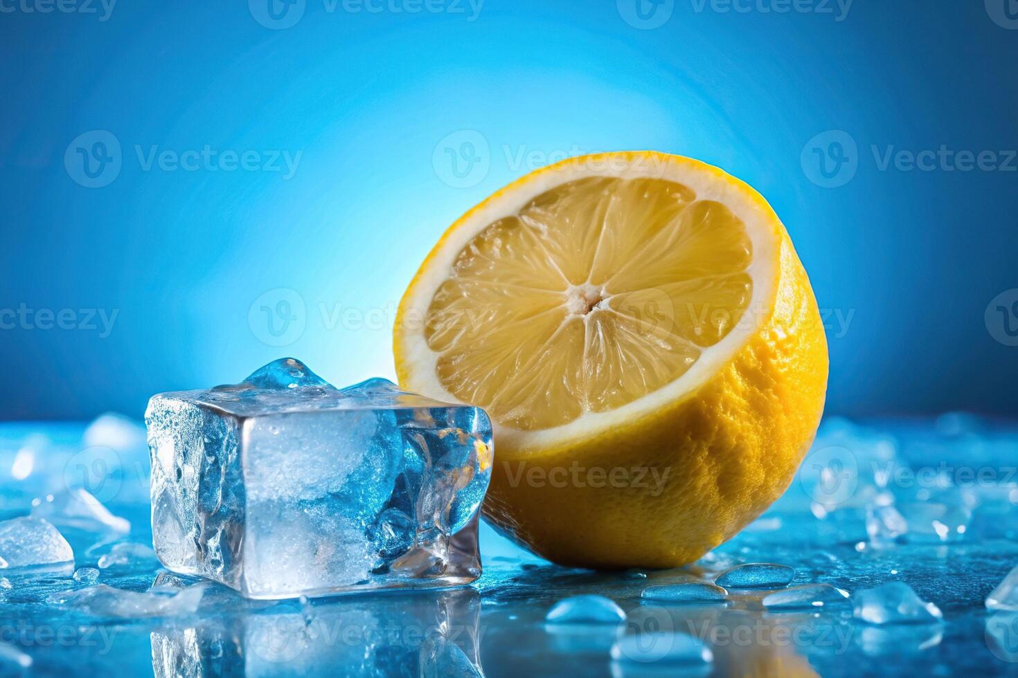 Elegant low angle shot of a lemon on a blue ice background, isolated photo
