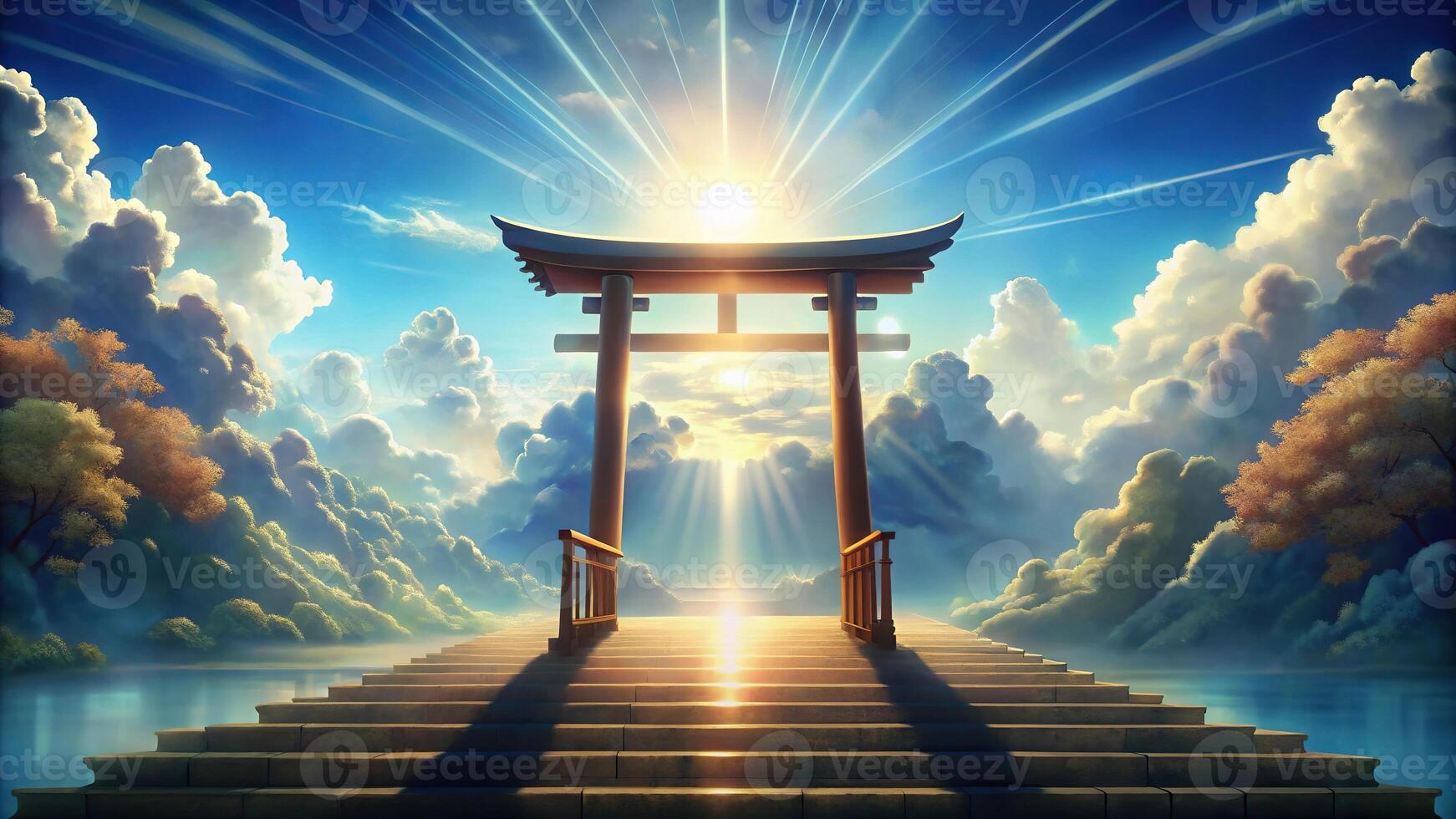 Illustration of a symmetrical heavenly gate opening in Japanese animation style photo