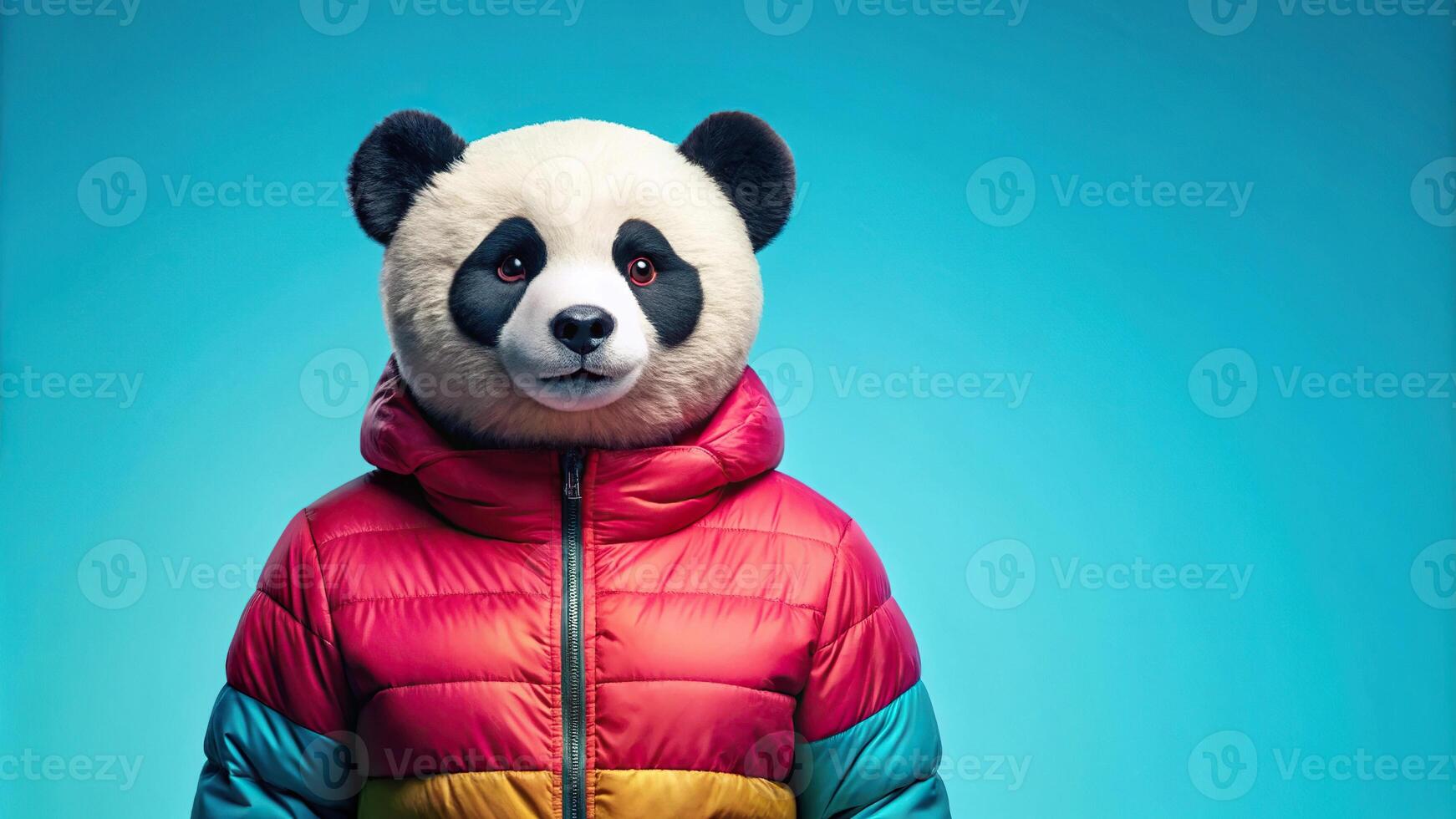Panda wearing bright down jacket on blue background photo