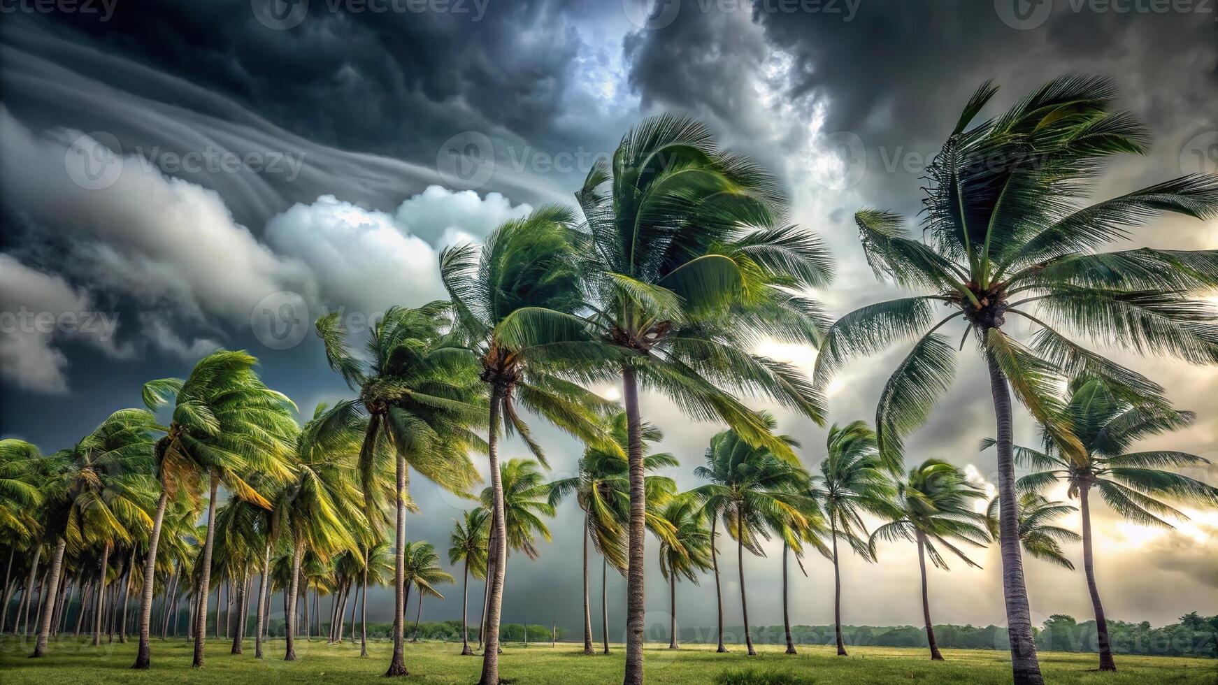 Cyclone swirling palm trees in gloomy storm during rainy season in tropics photo
