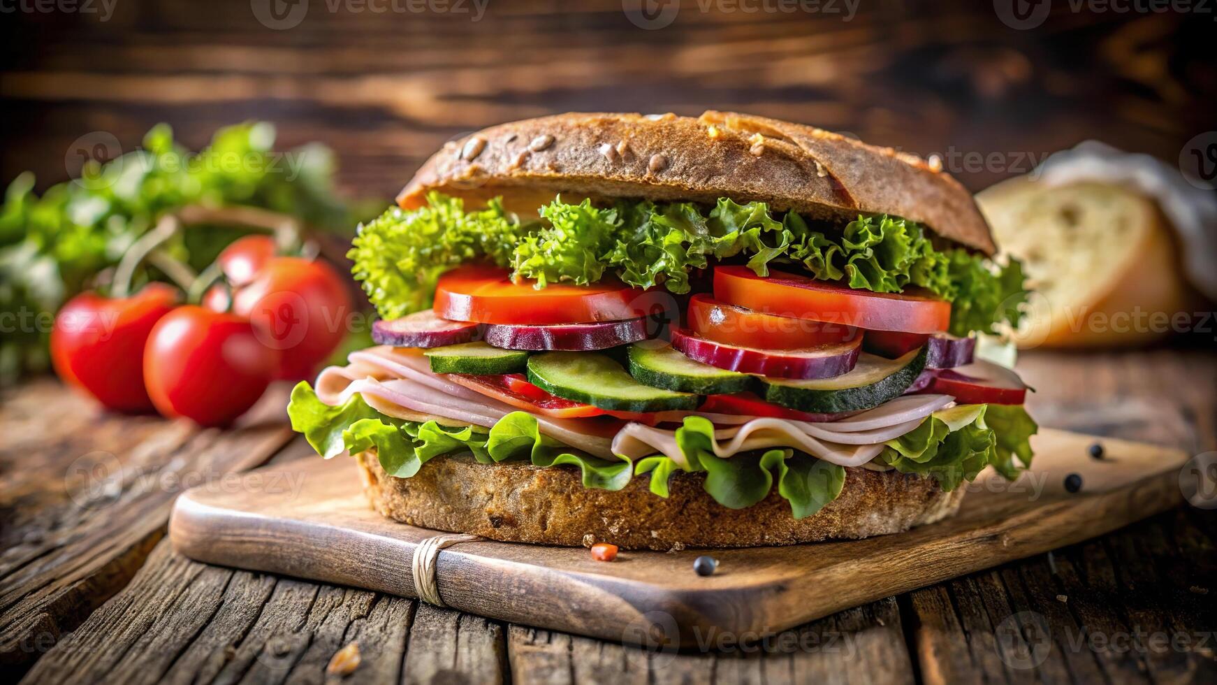 Delicious rustic homemade sandwich with macro view photo