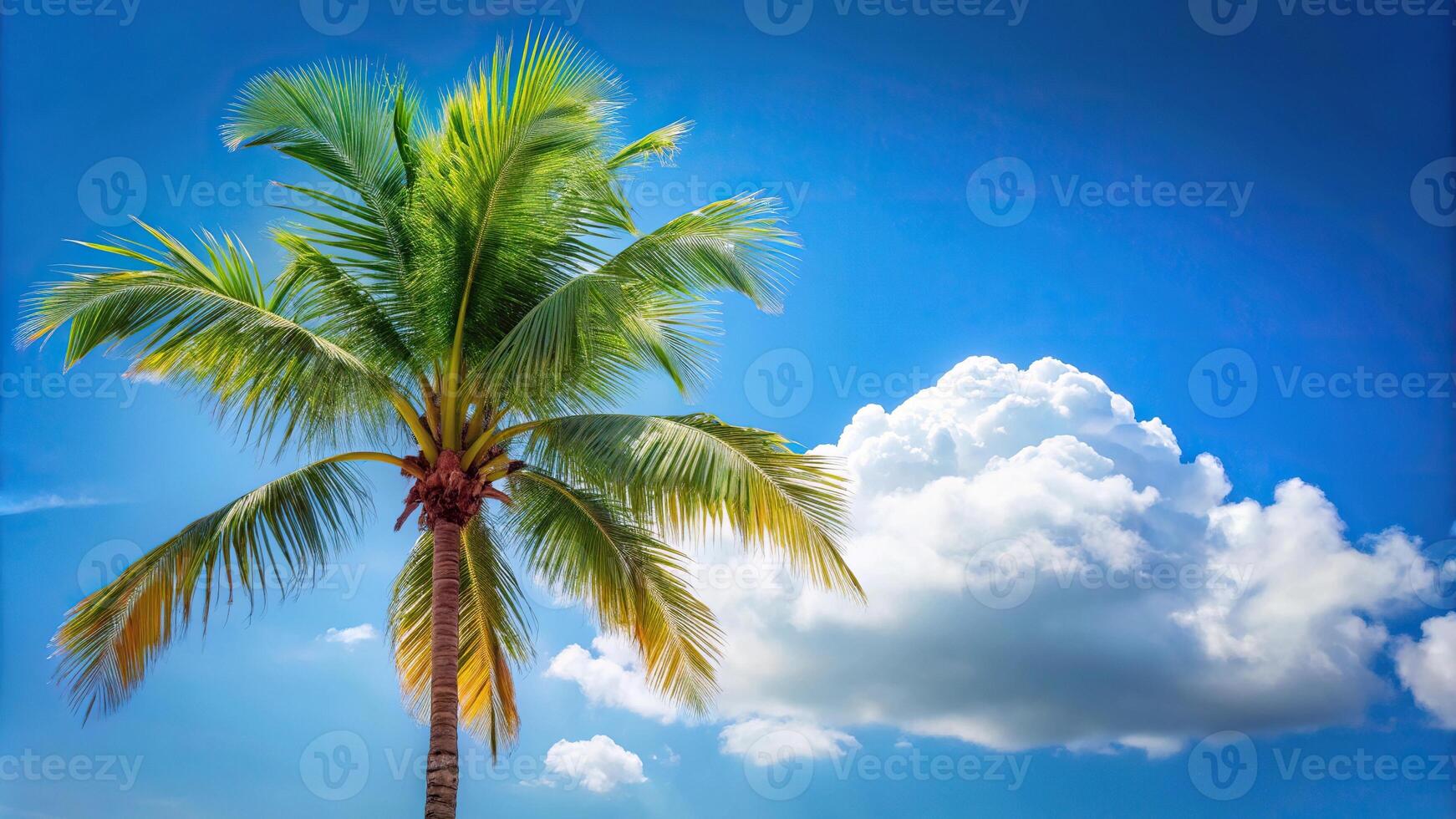 Palm tree branches framing bright blue sky with single cloud photo